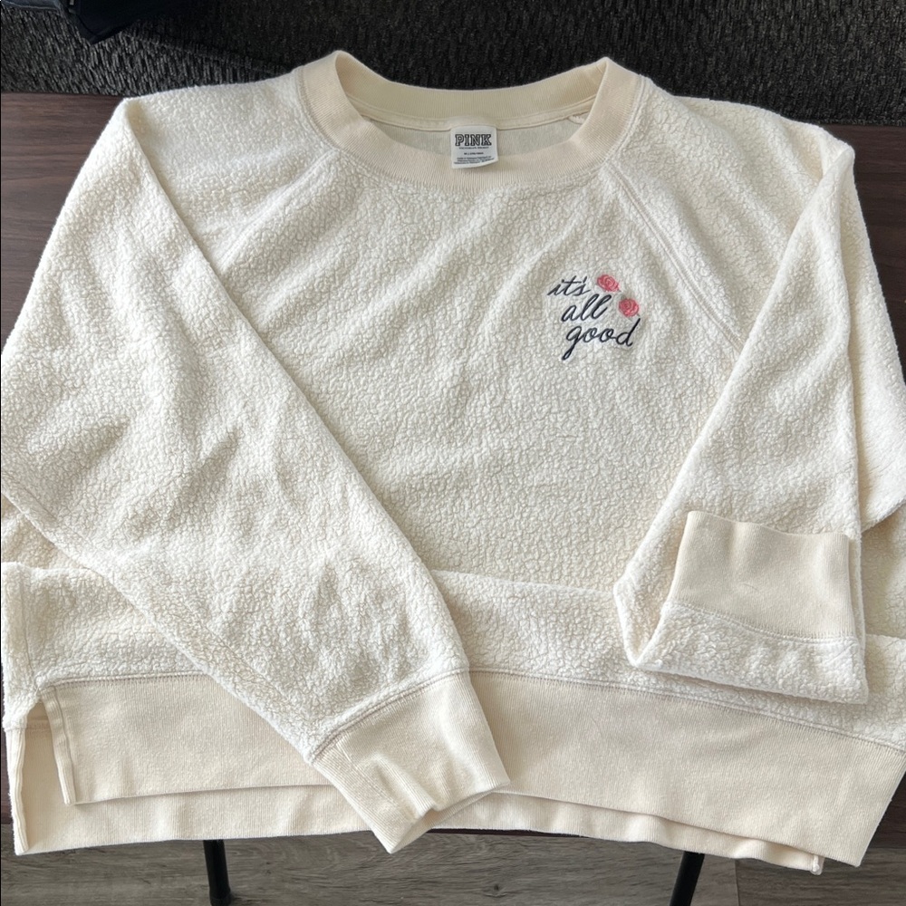 Victoria's Secret Cream Sherpa Crewneck Sweatshirt with Pink Embroidery